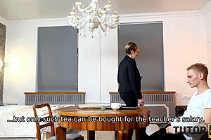 tricky boy drills mature russian tutor in black stockings during lesson