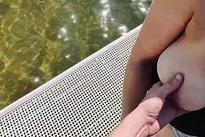 Amateur couple with big tits wife gives blowjob and fucks with big cock outdoors almost getting caught