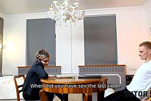 tricky boy drills mature russian tutor in black stockings during lesson