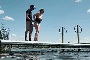 Amateur couple with big tits wife gives blowjob and fucks with big cock outdoors almost getting caught