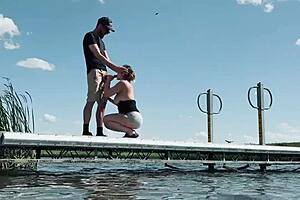 Amateur couple with big tits wife gives blowjob and fucks with big cock outdoors almost getting caught