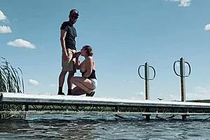 Amateur couple with big tits wife gives blowjob and fucks with big cock outdoors almost getting caught