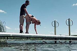 Amateur couple with big tits wife gives blowjob and fucks with big cock outdoors almost getting caught