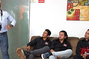 three young guys desire porn casting with submissive redhead