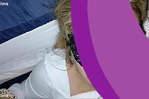 pretty young tatted girl lets me cum on her face after quick blowjob