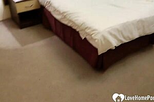 Milf in red lingerie says, 'Ride my big tits while I suck your cock'