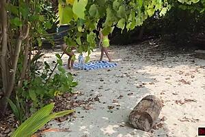 Stepmom and stepdaughter picked up on beach for risky public handjob, ending with cum on face.