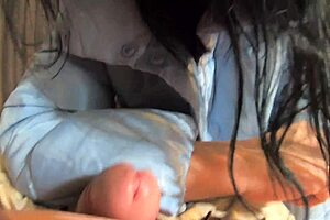 a lot of cum on my new sky blue down jacket and white pantyhose for my impotent husband