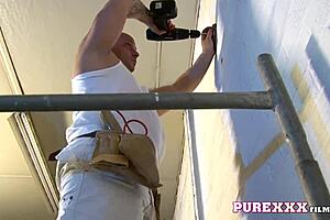 Busty secretary milf flashes her tits and pussy under the skirt.