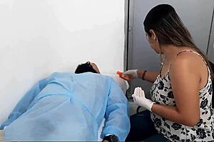 doctor massages patient's cock to make it bigger, gets horny and begs him to fuck her all in.