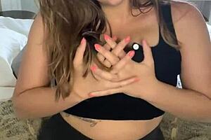 huge tit amateur gets double orgasms with squirt using giant dildo.