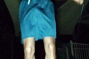 beautiful brunette works out in park with daddy