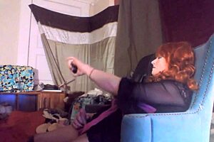 sexy red headed tranny ms head swallows her 8 vibrating dildo
