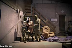 Whoa these masked studs are pounding that cheating British wife with big fake tits in the warehouse 😈