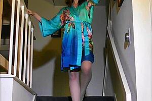 luna lains starts with exotic stair striptease, revealing natural tits and redhead beauty before playful pantyhose undressing.