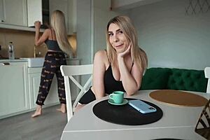 Perfect girlfriend shares a cock with naughty step mom in threesome, right? Blonde MILF takes creampie from behind with tight pussy licking.