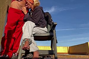 i suck my neighbor's cock and swallow his cum on the community terrace balcony