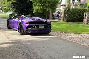 Big booty brunette rides my cock hard in lambo. She swallows every drop of cum after deepthroat gagging.