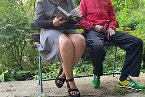 my stepmother with huge tits and big ass flashes outdoors helping with literature exam prep