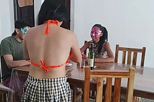 two slutty whores play cards with their guy before he rests and they get into erotic games