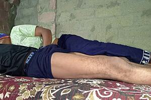 The young wife got a massage from her husband in the bedroom