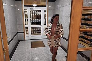 my stepmom's adventure in the elevator: big tits european milf gets facial cumshot from young brunette in public pov with swallowing action!
