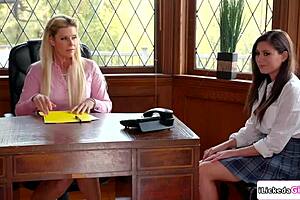 Intriguing Brunette seduced lesbian milf principal with fingering and licking