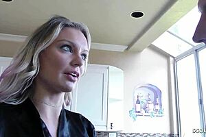 Watch this sexy wife with big tits and huge clit in fishnet stockings get roughly fucked cheating while her husband is away!