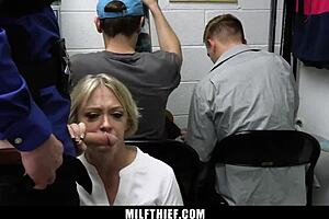 Shoplifting MILF convinces guard with blowjob and doggystyle sex in garage POV