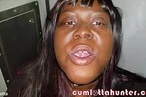 Cumlotta Hunter serves as the ultimate glory hole slut in this mature ebony amateur clip. She takes facial cumshots and swallows from multiple guys with natural tits exposed.