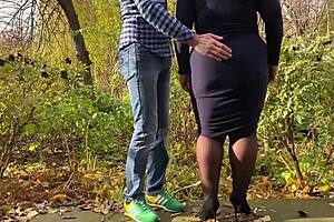 Mother-in-law spreads hairy pussy for outdoor peeing in stockings and heels
