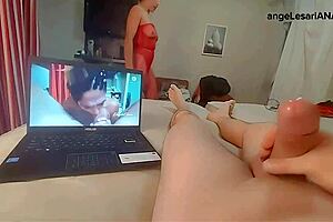 Reacting to Video with Dick in Ass While Milf Gives Blowjob and Handjob