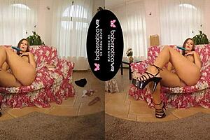 Jenifer Jane masturbates solo with a dildo in VR reality.