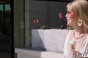 Milfy busty blonde MILF Laura Bentley spots pool boy's thick cock. She gives blowjob before riding cowgirl with fingering by the pool.