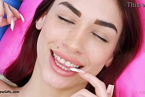 Striking red-haired milf beauty reveals her sexy petite body on sofa during casting interview with massage vibes 😍✨.