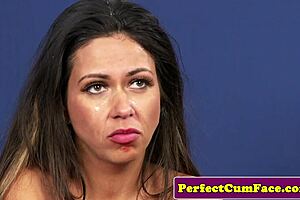 Gorgeous UK Milf in Stockings Takes Facial Cumshot from Horny Handjob