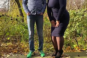 Mother-in-law spreads hairy pussy for outdoor peeing in stockings and heels