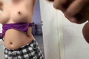 Stepsister watches stepbrother jerk off on her big tits in the shower - oh my god!