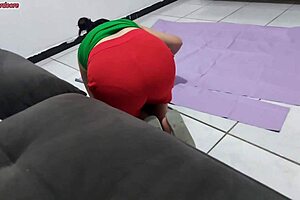 stepmom hangs a curtain in the bathroom just to peek at stepson bathing