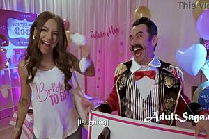 lauren phillips contrasts party game with ffm threesome featuring rough blowjob and rimjob on huge cock