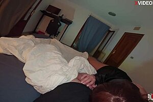 I'm scared in my stepson's bed so I suck his dick and beg him to fuck my tight pussy hard.