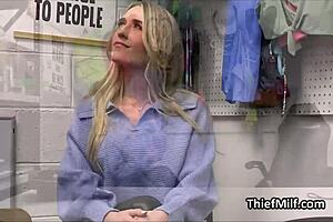 Two horny mall cops tag team a busty cougar in the back office after ripping her clothes.