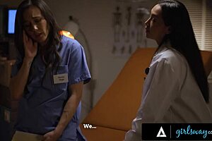 Girlsway doctor vicki chase licks and fingers sinn sage in office. passionate lesbian hospital romance with hairy pussy rimjob.