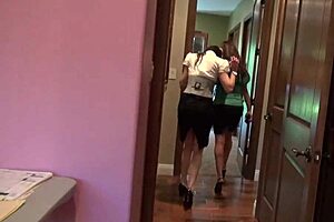 Busty lesbians lick and finger shaved pussies in stockings on bed