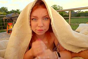 Whoa, this public risky swallow in the neighbors' backyard is intense – redhead deepthroats big cock outdoors!