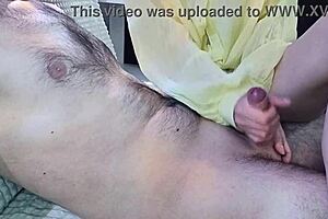 Young amateur teen gives relaxing handjob massage to stepfather after work in bedroom with close-up pov