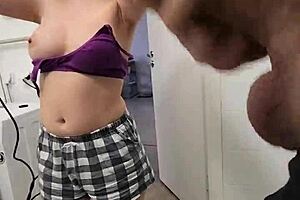 Stepsister watches stepbrother jerk off on her big tits in the shower - oh my god!