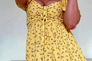 Brazilian babe dancing in dress and sunglasses, stripping panties seductively