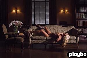 Busty blonde in sexy lingerie and cougar enjoys posing for the playboy, uh, with her big tits and ass showing.