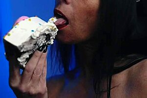 messy food birthday cake girl having fun